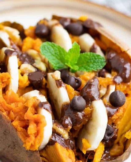 Sweet potato with nutella banana sauce with protein shake