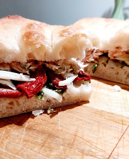 Panini - Rucola pesto, tuna, olives and tomatoes