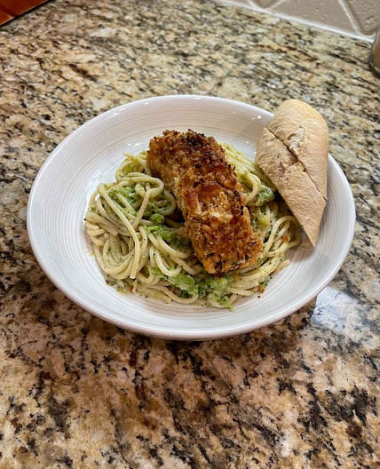 Dijon Onion Crunch Salmon over Lemony Broccoli Spaghetti! 🍋🥦