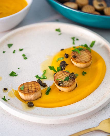 KING OYSTER MUSHROOM SCALLOPS WITH SWEET POTATO PUREE