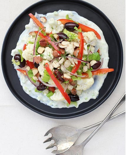 Cauliflower, Celery, and Bell Pepper Salad with Tzatziki