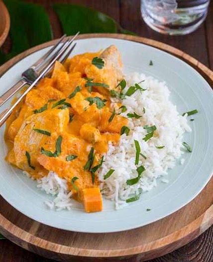 Curry jaune butternut Patate douce poulet riz