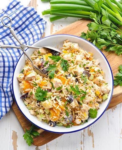 White rice with chicken and almond salad