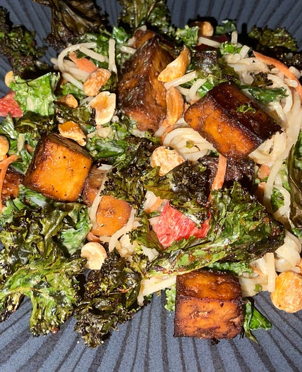 Marinated Tofu and Kale Noodle Salad with a Miso and Peanut Dressing