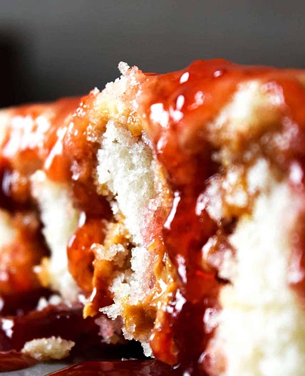 Peanut Butter Strawberry Jelly Poke Cake
