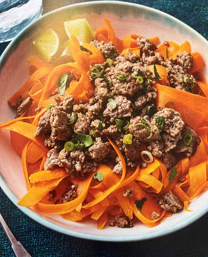 Asian Pork and Carrot-Noodle Bowls Recipe | Lauren Blake | Say Mmm