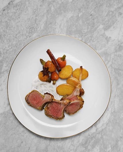 Basil Crusted Rack of Lamb With Glazed Thumbelina Carrots, New Potatoes, and Mint Yogurt Sauce