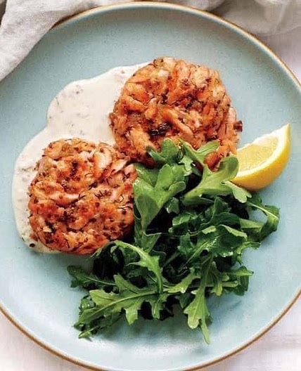 DIJON SALMON CAKES AND ARUGULA WITH LEMON–CAPER OIL