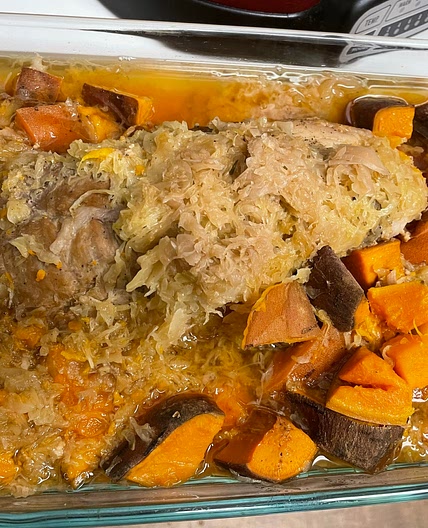 Crockpot Pork Loin with Sweet Potatoes, Apples, and Sauerkraut (AIP Compliant)