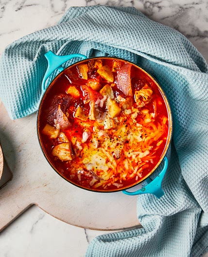 One pot cheesy chicken, potato and nduja bake