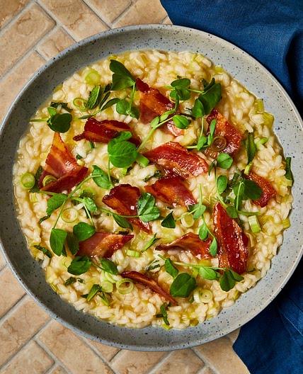 Oven baked pea, leek & bacon risotto