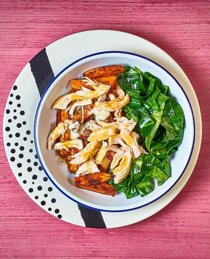 Chicken & sweet potato poutine with buttered greens