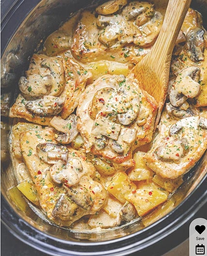 Crockpot Creamy Garlic Pork Chops with Mushrooms and Potatoes