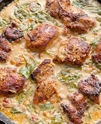One Skillet Creamy Sun-Dried Tomato Chicken and Orzo. One of my favorite wintery recipes. I make this A LOT. Love that you only need 1 skillet. The chicken is super flavorful, but the creamy orzo really makes everyone excited. Everything cooked together is