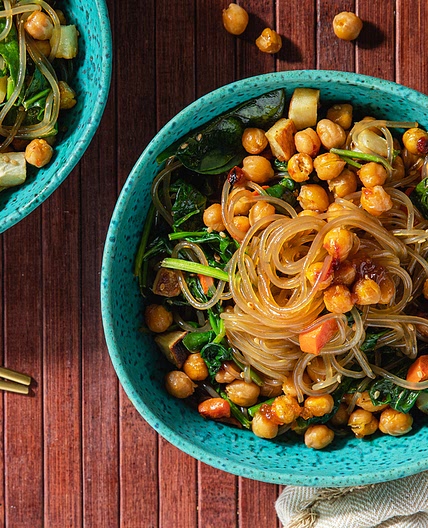 Korean Glass Noodles with Roasted Root Vegetables & Spicy Apricot Chickpeas