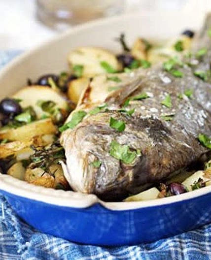 Whole roast bream with potatoes & olives