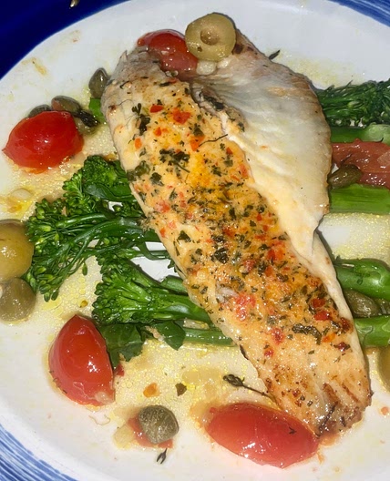 Marinated Sea Bass Fillets with a Tomato, Olive and Caper Sauce