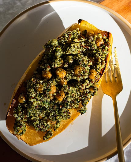 Pesto Quinoa and Chickpea Stuffed Spaghetti Squash