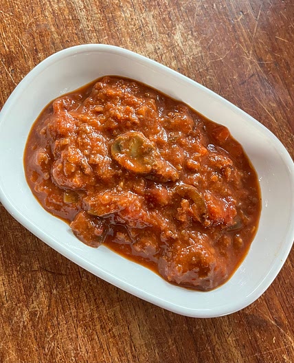 "Meaty" Vegan Spaghetti Sauce with Olives and Mushrooms