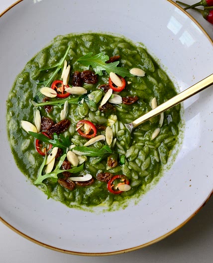 Vegan Orzo Pasta with chicory, chili and almonds