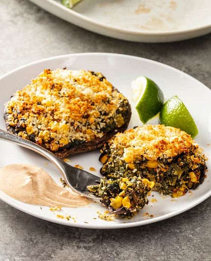 Air-Fryer Stuffed Portobello Mushrooms with Kale, Corn, and Pickled Jalapeños