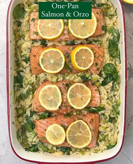 SAVE my veggie-packed ONE-PAN SALMON &amp; ORZO DINNER for an easy weeknight dinner!! Ingredients -4 salmon filets -3 tbsp parsley chopped -3 tbsp melted butter -3 tbsp olive oil -3/4 tsp salt, -1/4 tsp pepper, -1 tsp garlic powder -1 lemon juiced -1 bundl