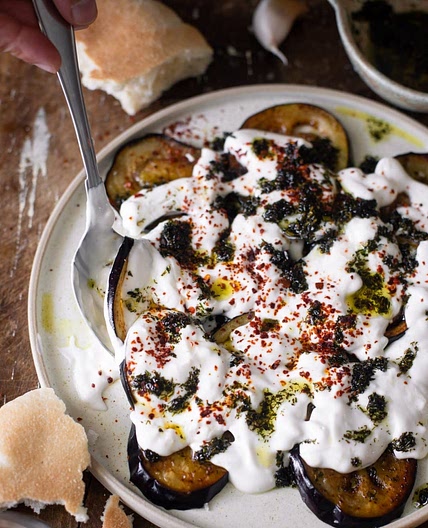 Fried Eggplant with garlic herb yogurt 