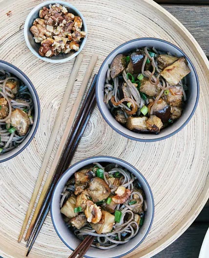 Elliot's miso eggplant with soba noodles and walnuts