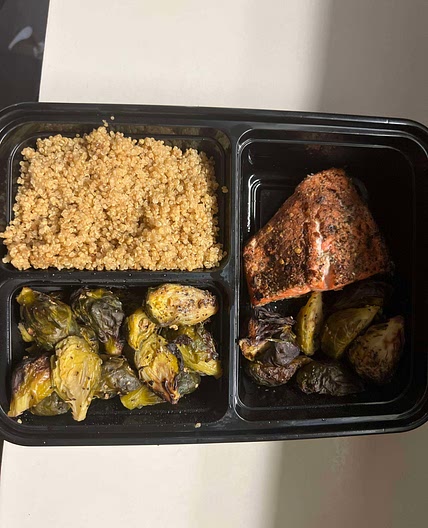 Herb crusted grilled salmon, roasted Brussel sprouts and quinoa