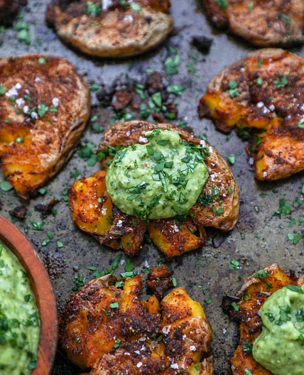 Crispy Chili Smashed Potatoes with Avocado Chimichurri