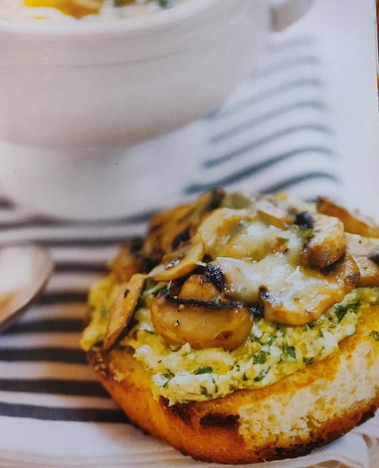 Tartine with walnut, lemon, and ricotta pesto and sauteed mushrooms