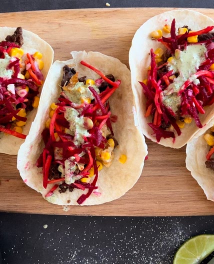 Beef Buligogi Tacos with Cheesy Corn and Carrot/Beet Cole Slaw
