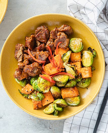 BBQ Seitan Bowl with Roasted Sweet Potatoes & Brussels Sprouts