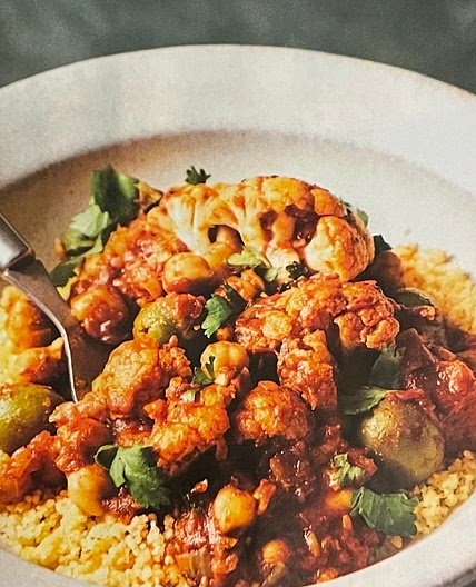 microwave cauliflower, olive, apricot, and chickpea tagine