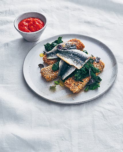 Grilled Sardines on Fried Buckwheat Cakes with Silverbeet & Harissa