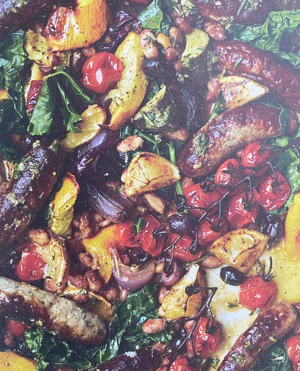 One-Tray Sausage, Greens and Beans Bake with Rosemary Pesto