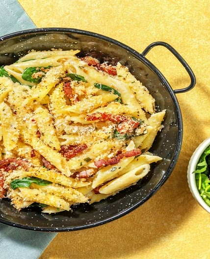 Bacon Crusted Cheese & Spinach Penne Bake with Balsamic Dressed Salad