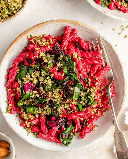 Almond Beetroot Pasta + Nutty Gremolata