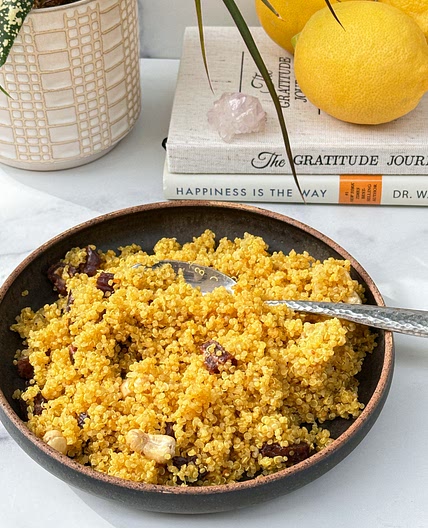 Turmeric Quinoa with Dates and Roasted Cashews