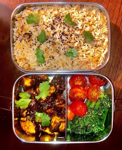 sweet & sour tofu, “egg” fried rice and broccoli (vegan)