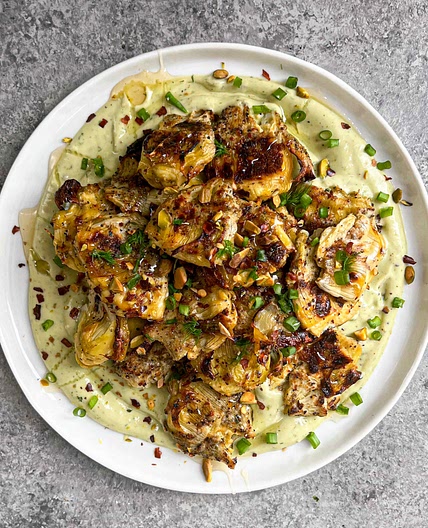Smashed Artichokes with Lemon-Caper Avocado Cream