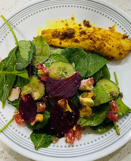 Spinach and Beets Salad with Pan Fried Tilapia 