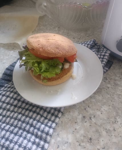 Vegan chicken burger and chips