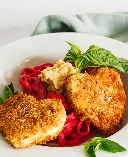 Crispy Tofu Hearts with Beet Fettuccine Alfredo and Almond Ricotta