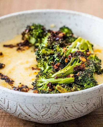 Creamy Polenta with White Beans and Roasted Broccoli
