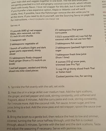 Red snapper, snow peas in coconut curry broth