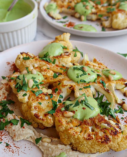 Cauliflower Steaks with Creamy Rocket Pesto 