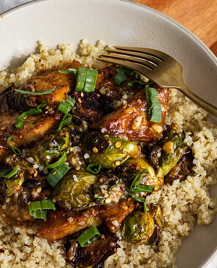 Vegan Honey Mustard Tofu and Brussels Sprouts