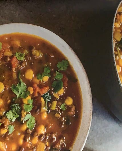 Harissa lentil and chickpea soup with spinach