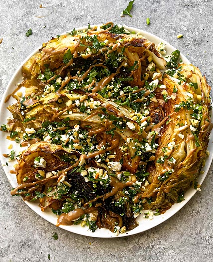 Balsamic & Lemon Caramelized Cabbage w/ Feta Almond-Herb Crumble